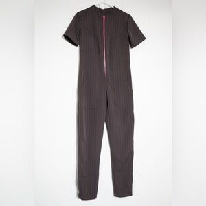 Charcoal Pinstripe Jumpsuit with Pink Zipper Matrushika Construction S